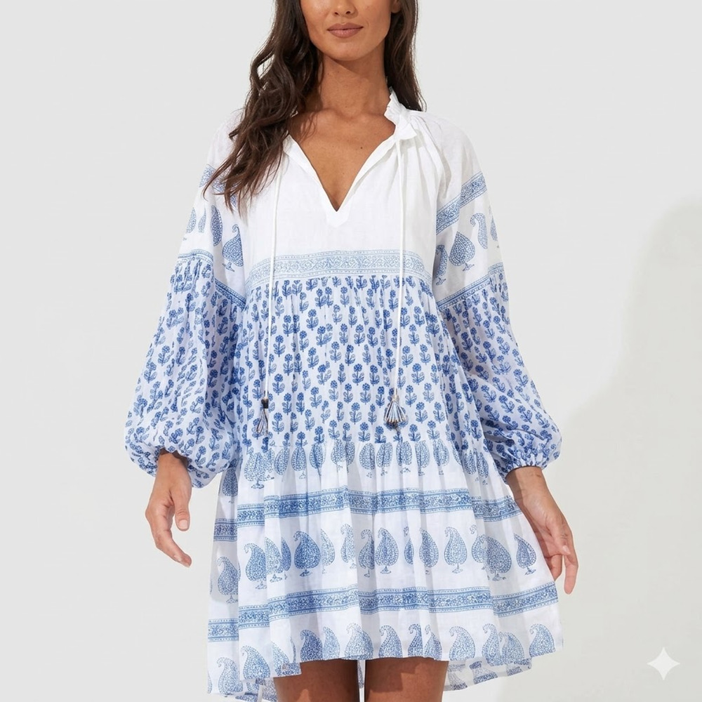 OLIPHANT Flora Blue Balloon Sleeve Dress Size S NWT Retail $228 Tuckernuck